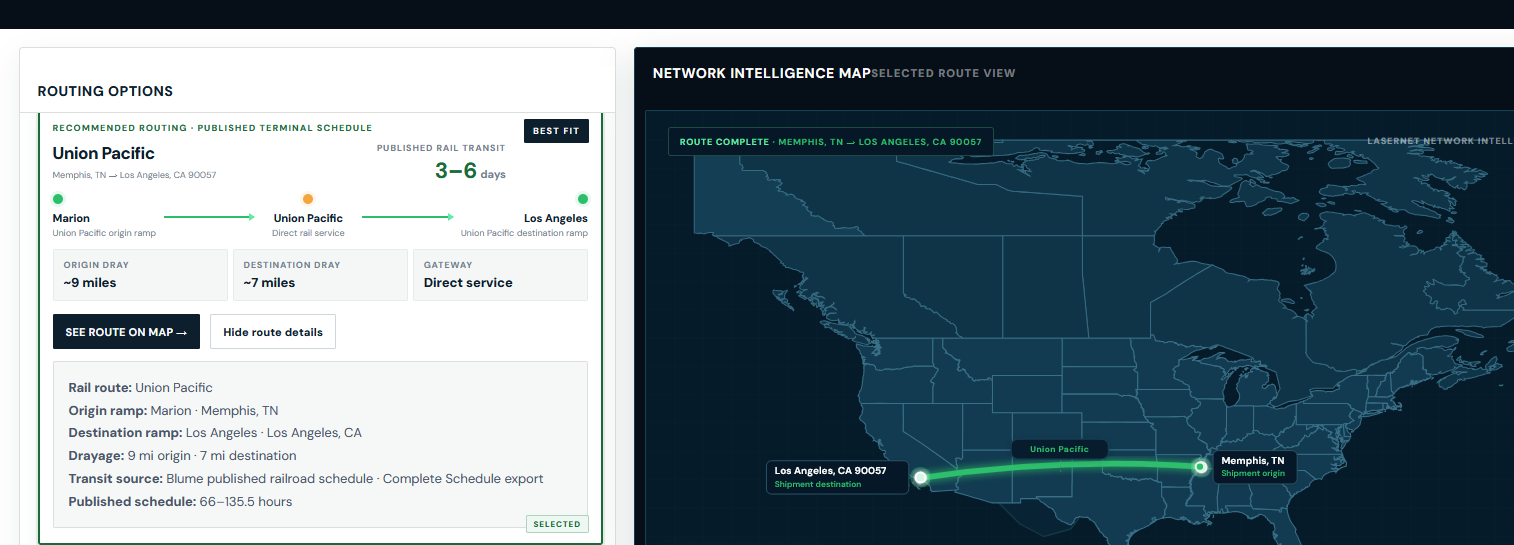 LaserNet Lane Advisor routing and Network Intelligence map