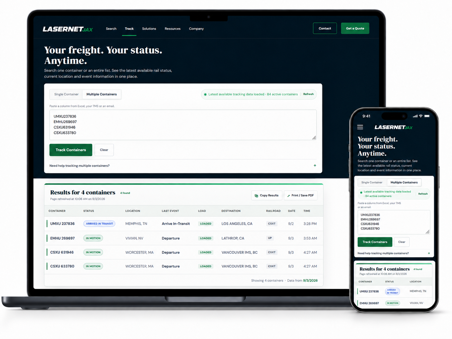LaserNet Jax Track a Shipment tool shown on desktop and mobile